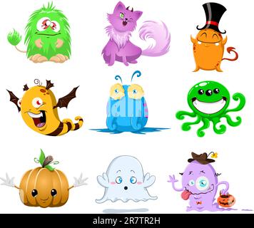 A vector illustration of cute funny and scary monsters for Halloween. Stock Vector