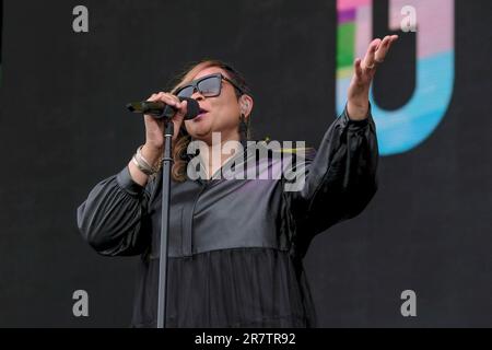 Newport, UK. 17th June, 2023. London born British singer songwriter Louise Gabrielle Bobb, known professionally as Gabrielle, performing live on stage at the Isle of Wight Festival. Gabrielle says her love reggae comes from her mother, Credit: SOPA Images Limited/Alamy Live News Stock Photo