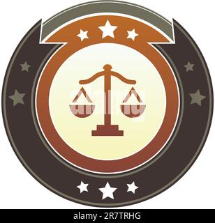 Scales, justice, balance, or equality icon on round red and brown imperial vector button with star accents Stock Vector