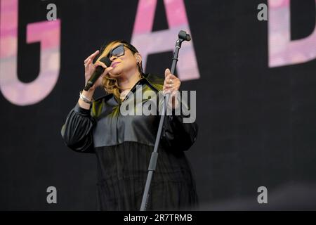 Newport, UK. 17th June, 2023. London born British singer songwriter Louise Gabrielle Bobb, known professionally as Gabrielle, performing live on stage at the Isle of Wight Festival. Gabrielle says her love reggae comes from her mother, (Photo by Dawn Fletcher-Park/SOPA Images/Sipa USA) Credit: Sipa USA/Alamy Live News Stock Photo