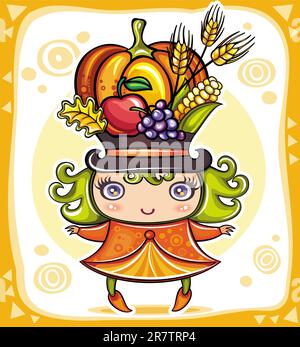 Happy cute girl wearing Cornucopia hat full of colorful fruits and vegetables, celebrating harvest festival in the forest. Stock Vector