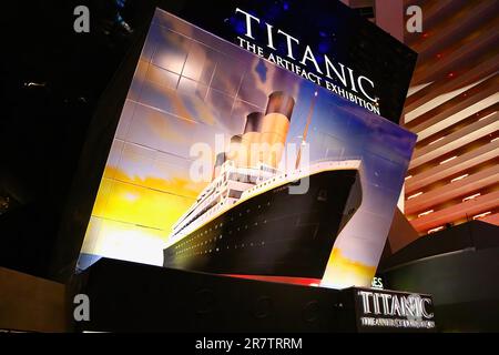 Image over the entrance to the Titanic The Artifact Exhibition in the Ancient Egypt themed Luxor Las Vegas casino hotel Las Vegas Nevada USA Stock Photo