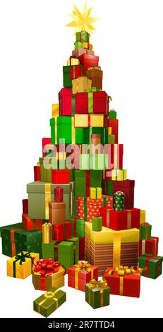 Pile of presents or gifts stacked in the shape of a Christmas tree Stock Vector