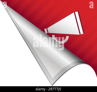 Megaphone or announcement icon on vector peeled corner tab suitable for use in print, on websites, or in advertising materials. Stock Vector
