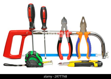 collection of hand tools on white background Stock Photo