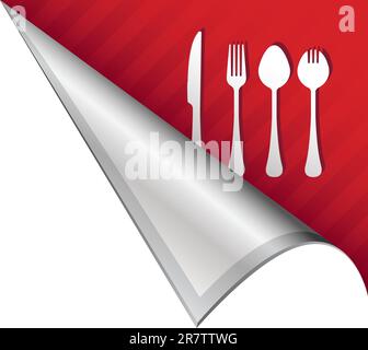 Dining or eating utensils food icon on vector peeled corner tab suitable for use in print, on websites, or in advertising materials. Stock Vector