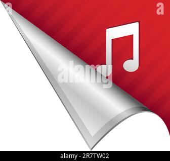 Music notes icon on vector peeled corner tab suitable for use in print, on websites, or in advertising materials. Stock Vector