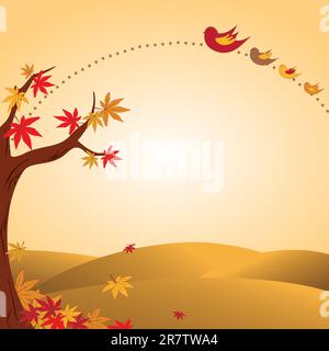 autumn landscape tree colorful leaf and flying birds Stock Vector