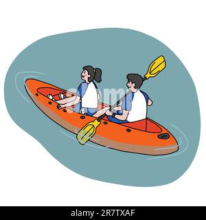 Couple playing kayak boat cartoon vector illustration minimal line art style Stock Vector