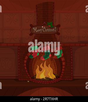 Vector Christmas series. Beautiful fireplace with fire brning and three stockings waiting for Santa Claus. Available space for your text Stock Vector