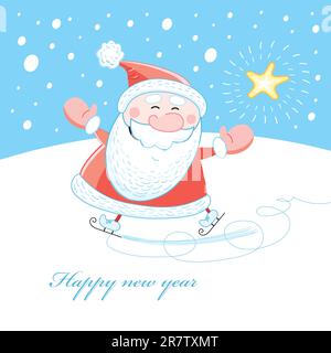 bright cheerful Santa Claus ice-skating on a blue background with the snow and the star Stock Vector