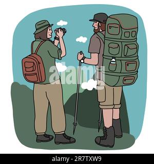 Adventure couple travel on mountain cartoon vector illustration minimal style. Stock Vector