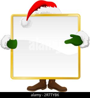 Santa standing behind a Christmas sign and pointing at it Stock Vector