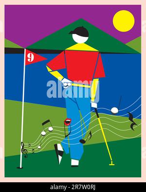 Illustration of a man which shot a ball on a golf course like a melody on a sunset Stock Vector