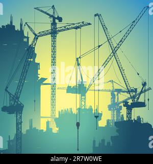 Lots of Tower Cranes on Construction Site Stock Vector