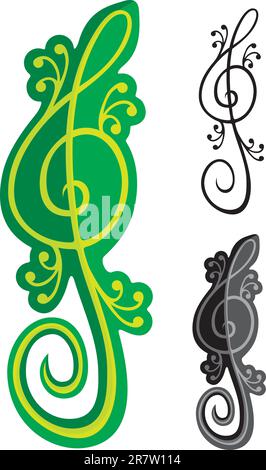 Treble clef shaped like a green lizard isolated on black background. Stock Vector