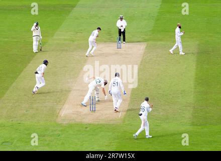 England's Moeen Ali celebrates the wicket of Australia's Cameron Green during day two of the first Ashes test match at Edgbaston, Birmingham. Picture date: Saturday June 17, 2023. Stock Photo