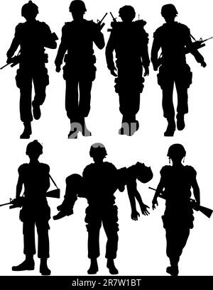 Set of editable vector silhouettes of walking soldiers Stock Vector