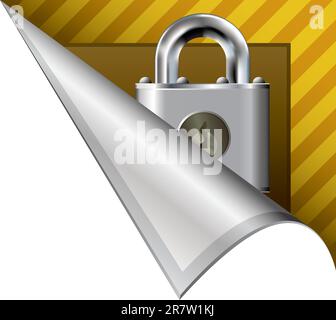 Secure or lock icon on vector peeled corner tab suitable for use in print, on websites, or in advertising materials. Stock Vector