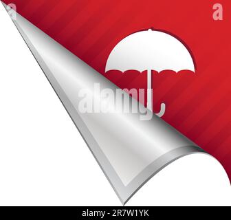 Umbrella weather or protection icon on vector peeled corner tab suitable for use in print, on websites, or in advertising materials. Stock Vector