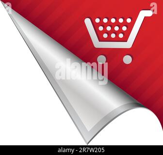 Shopping cart icon on vector peeled corner tab suitable for use in print, on websites, or in advertising materials. Stock Vector