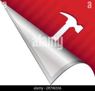 Hammer or tool icon on vector peeled corner tab suitable for use in print, on websites, or in advertising materials. Stock Vector