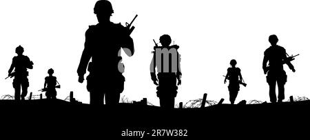 Editable vector foreground of silhouettes of walking soldiers on patrol with figures as separate elements Stock Vector