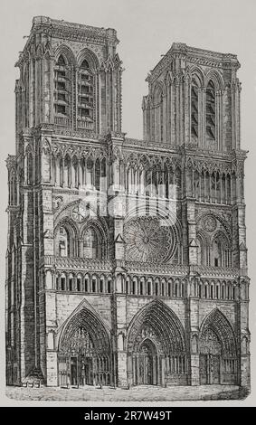 Paris, France. Notre-Dame. View of the main façade before the restoration commissioned to Jean-Baptiste-Antoine Lassus and Eugène Viollet-le-Duc in 1845. Engraving. 'Les Arts au Moyen Age et a l'Epoque de la Renaissance', by Paul Lacroix. Paris, 1877. Stock Photo