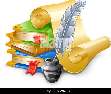 Books, papyrus with feather pen and ink pot. Isolated on white background. Stock Vector