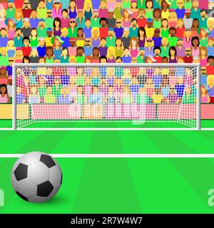 A Soccer Goal with ball and Crowd in Stadium Stock Vector