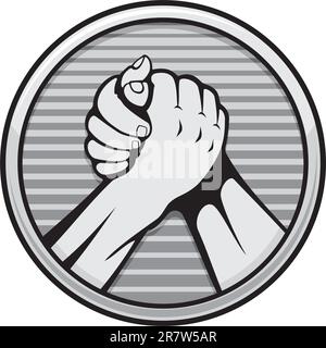 Two hands icon in arm wrestling, gray round medal isolated on white background. Stock Vector
