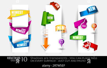 Paper and origami style tags collection: stickers, arrow tags, circular tags, pins, origami ribbons, origami cliparts and so on. Stock Vector