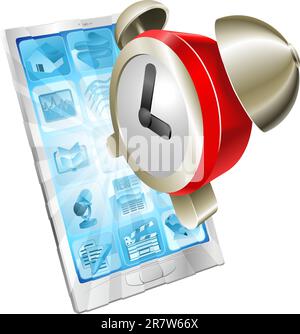 Alarm clock icon coming out of mobile phone screen concept Stock Vector
