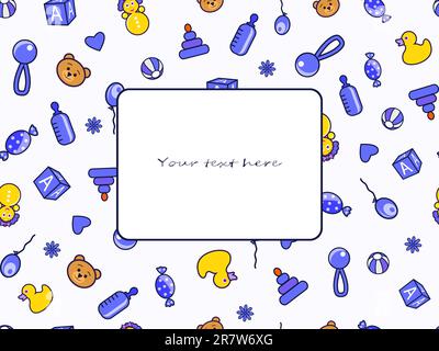Kid's blue yellow greeting card. Seamless doodle pattern in violet and orange colors. Vector illustration isolated on white background Stock Vector
