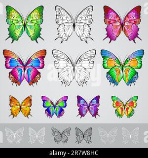 Set of different colored butterflies. Illustration on white background Stock Vector