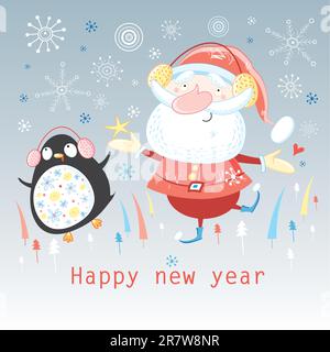 funny dancing Santa Claus and a penguin on a gray background with snowflakes and Christmas trees Stock Vector