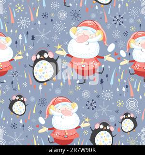 New seamless pattern of dancing Santa and Penguins on a violet background with snowflakes and Christmas trees Stock Vector