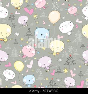 seamless pattern of funny cats and Christmas trees and hearts Stock Vector