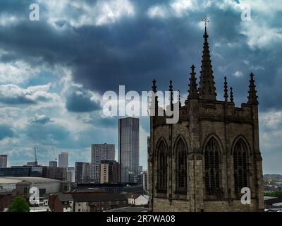 St Chad's Oratory Catholic Church and Manchester Skyline Stock Photo