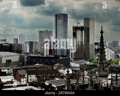 St Chad's Oratory Catholic Church and Manchester Skyline Stock Photo