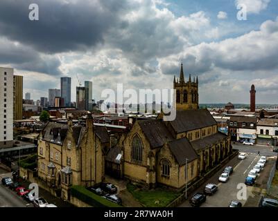 St Chad's Oratory Catholic Church and Manchester Skyline Stock Photo