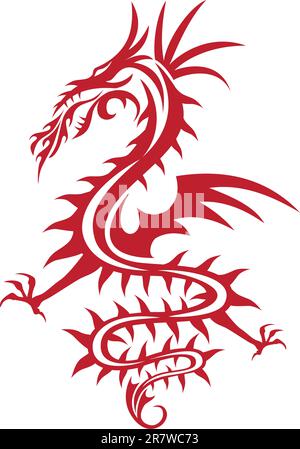 red dragon with wing and fire flames, vector Stock Vector
