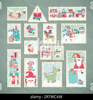 Collection of funny Christmas post stamps. Vector illustration. Stock Vector