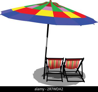 Two beach chairs and colored umbrella on beach Stock Vector