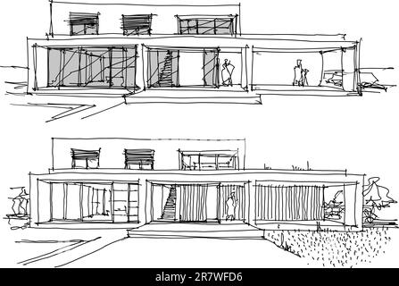 two hand drawn architectural sketches of modern two story detached ...