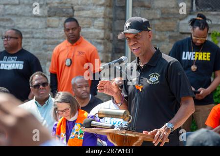 Detroit, Michigan, USA. 17th June, 2023. Wayne County Sheriff Raphael Washington speaks at a Silence the Violence march and rally. The event was protesting the almost-daily mass shootings which, by the end of May, have left 760 children and teenagers dead and nearly 2,000 more injured this year. Credit: Jim West/Alamy Live News Stock Photo