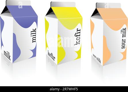 Dairy produces collection in carton box. Milk, kefir, sour milk. Vector Stock Vector