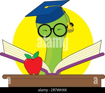 Green bookworm with a mortar cap reading a book on a desk with an apple. Stock Vector