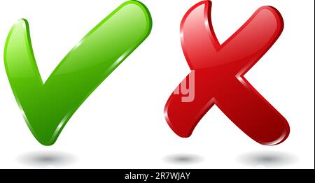 Illustration of 3d green check and red cross mark Stock Vector