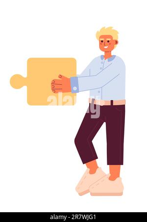 Smiling blond man holding jigsaw semi flat colorful vector character Stock Vector